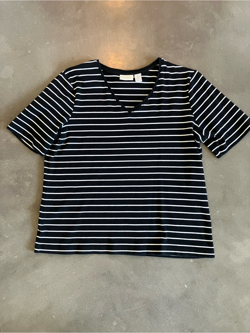Chico's Black and White Striped V-Neck Short Sleeve Top
